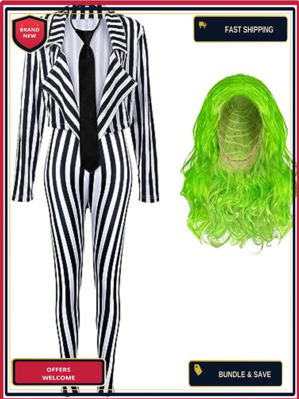 Halloween Costume Set Striped Blazer Leggings Tie Wig 4 Pc